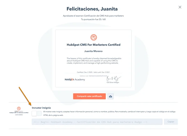 Código para incrustar el certificado