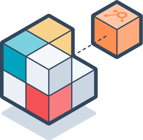 An orange cube with the HubSpot logo fitting into a collection of multi-colored cubes.